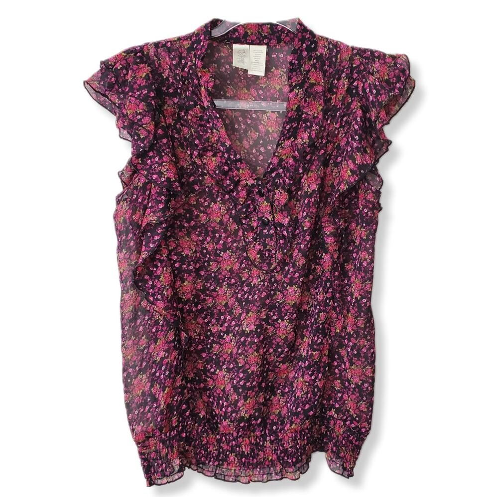 Women 90s Y2K Ruffle Black Floral Blouse Top M Sheer Dark Romance Whimsigoth